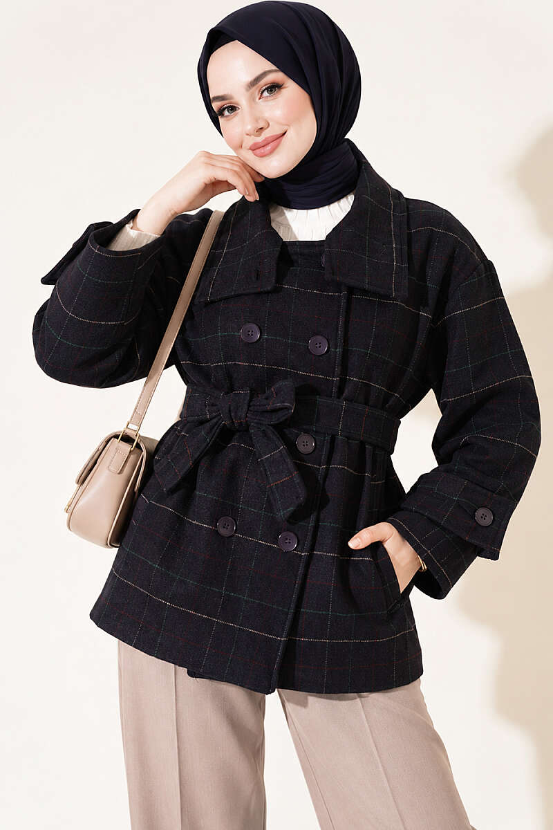 Short Plaid Felt Coat - Navy