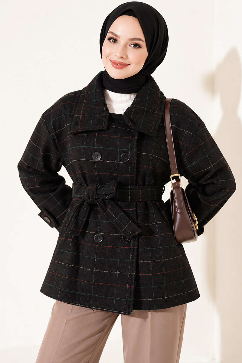 Short Plaid Felt Coat - Black