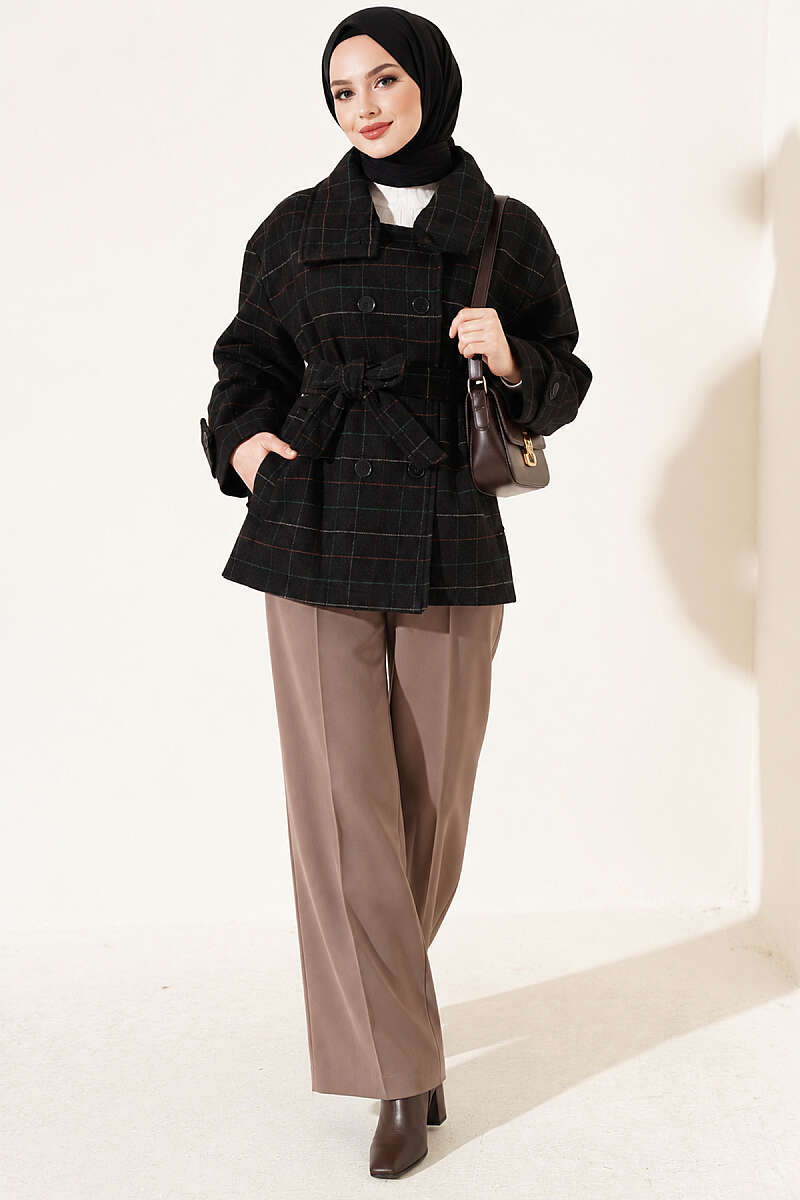Short Plaid Felt Coat - Black