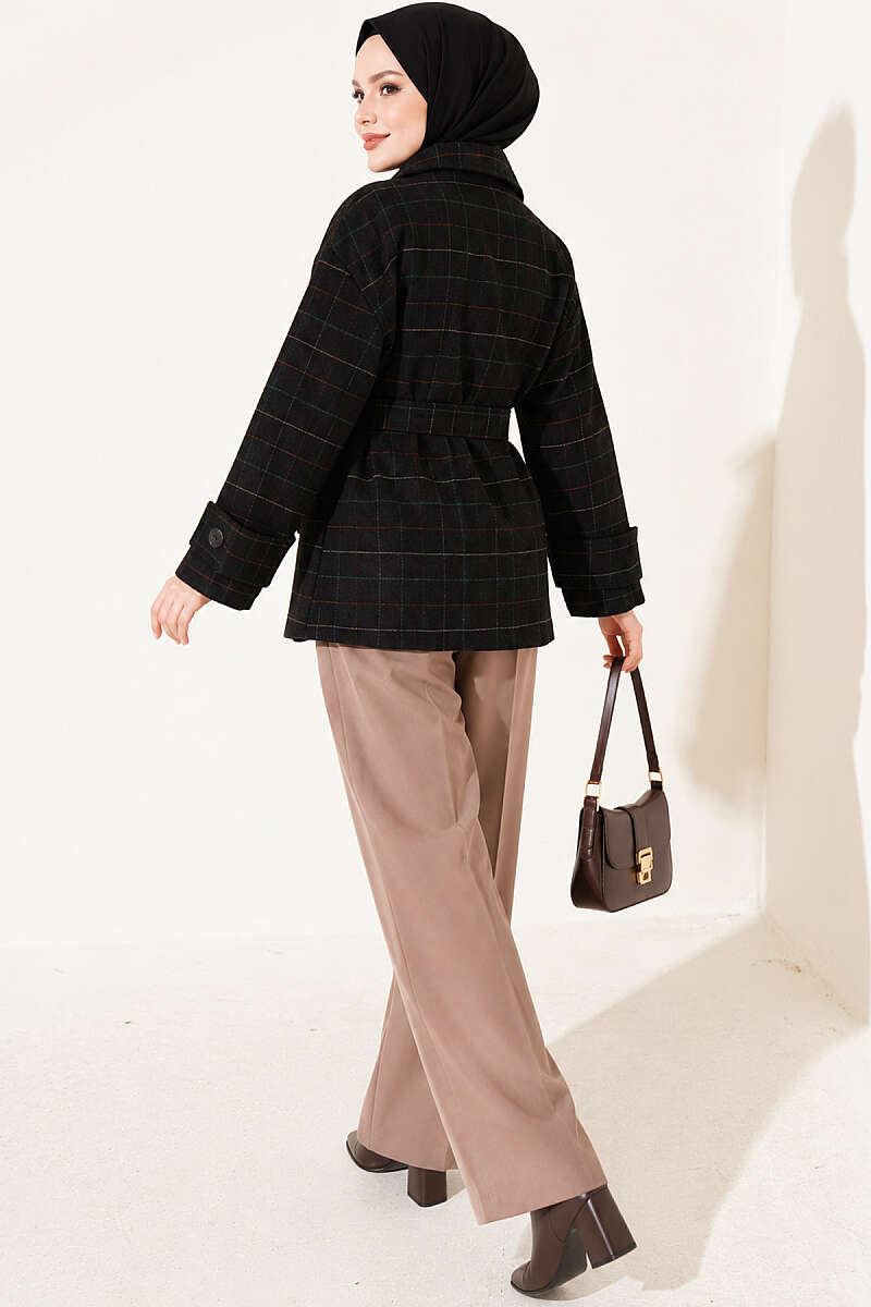 Short Plaid Felt Coat - Black