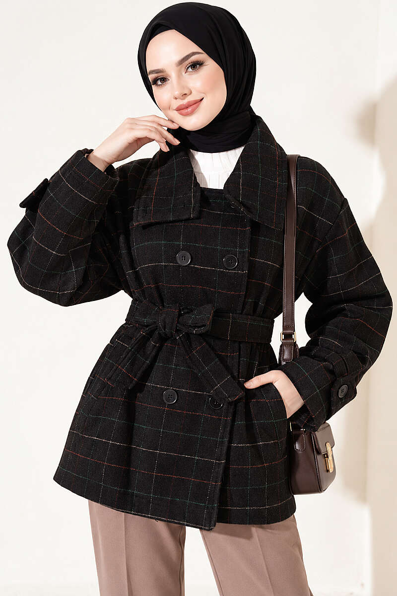 Short Plaid Felt Coat - Black