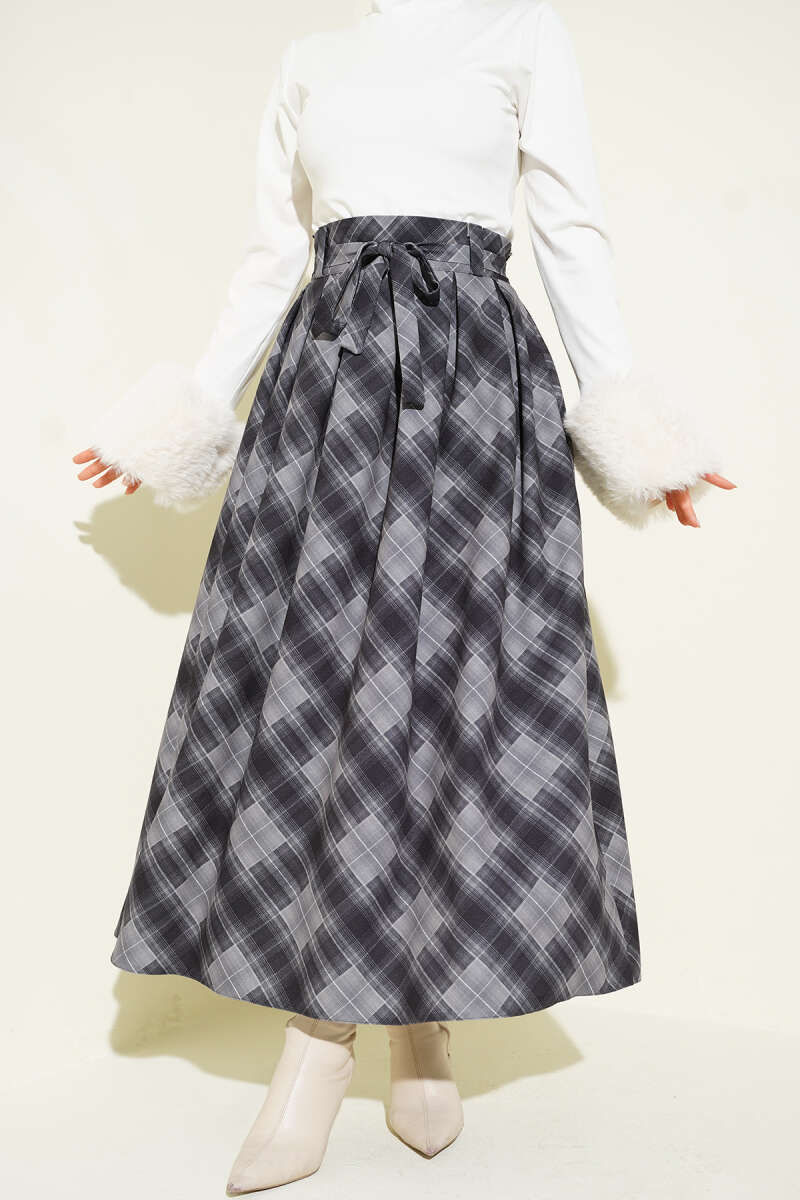 Belted Plaid Skirt - Smoke Grey