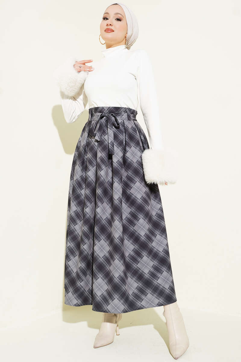 Belted Plaid Skirt - Smoke Grey