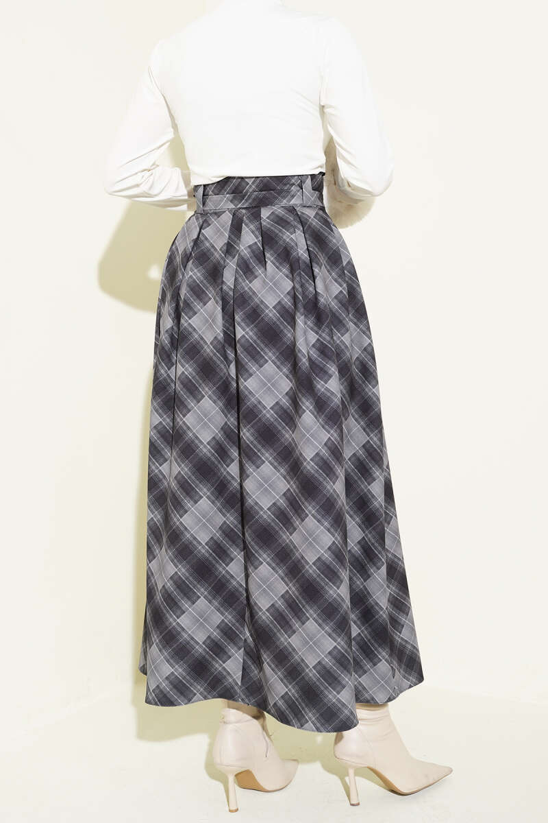 Belted Plaid Skirt - Smoke Grey