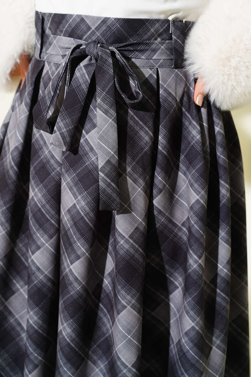 Belted Plaid Skirt - Smoke Grey