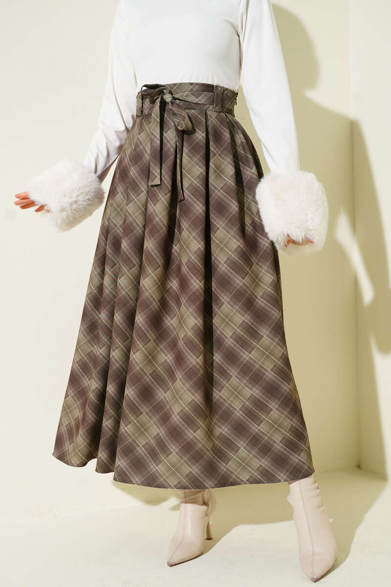 Belted Plaid Skirt - Khaki