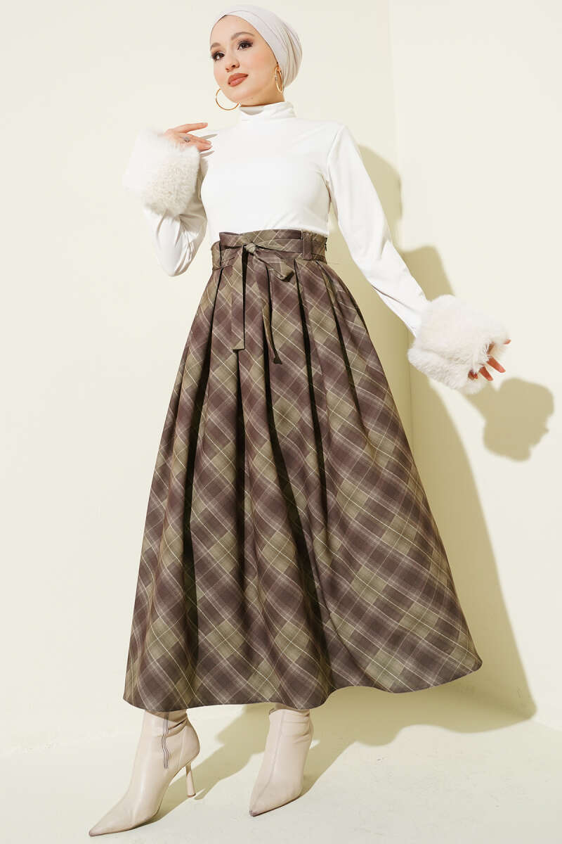Belted Plaid Skirt - Khaki
