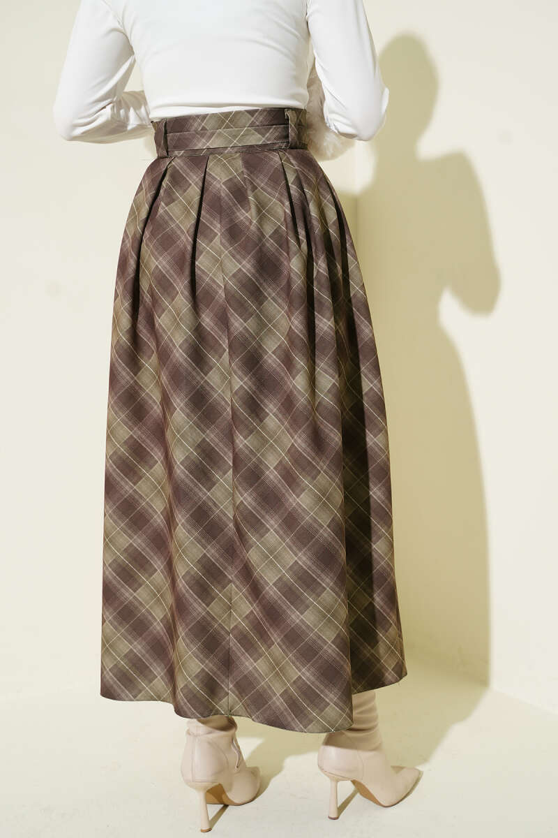 Belted Plaid Skirt - Khaki