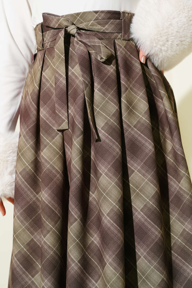 Belted Plaid Skirt - Khaki