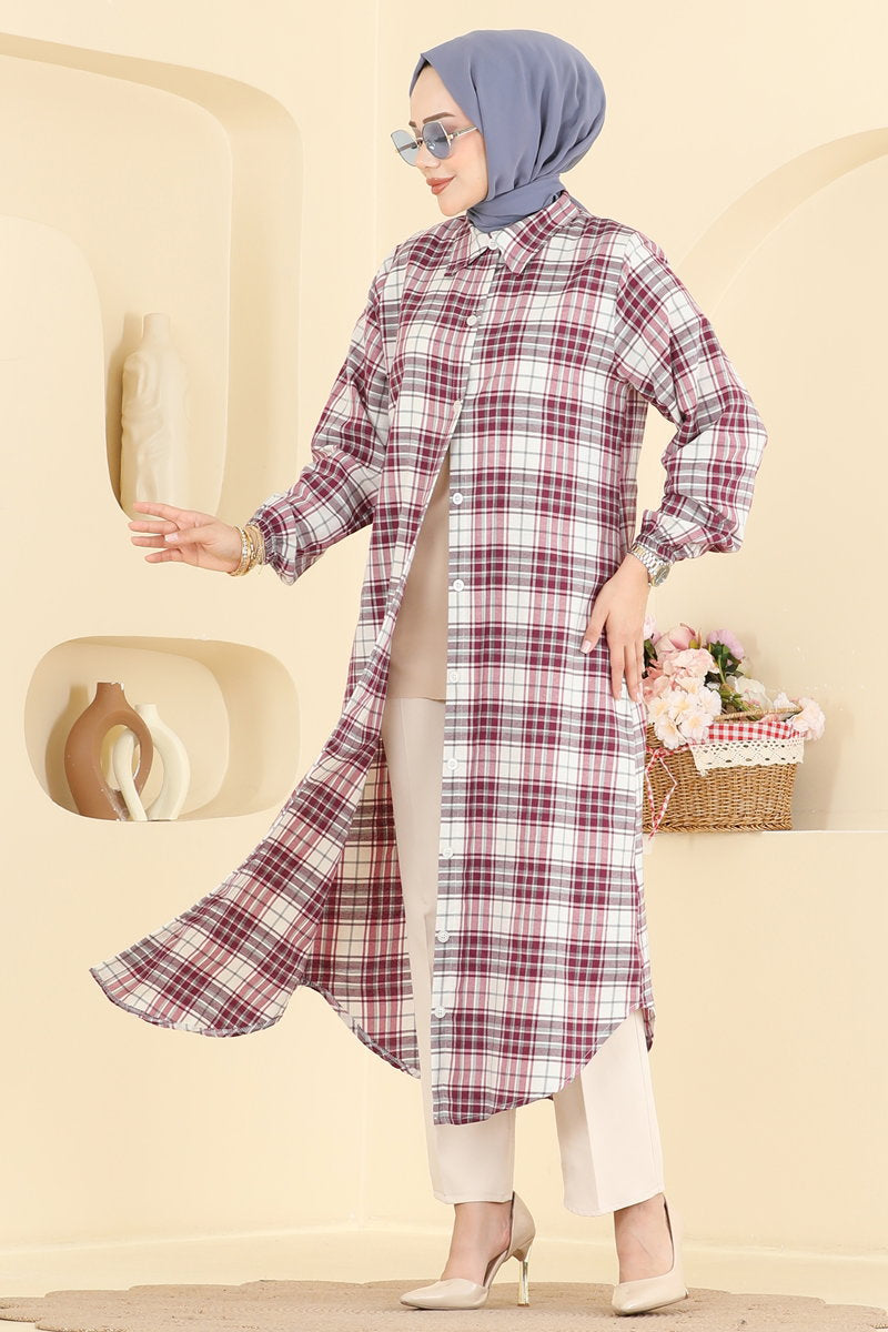 Long Check Tunic - Burgundy