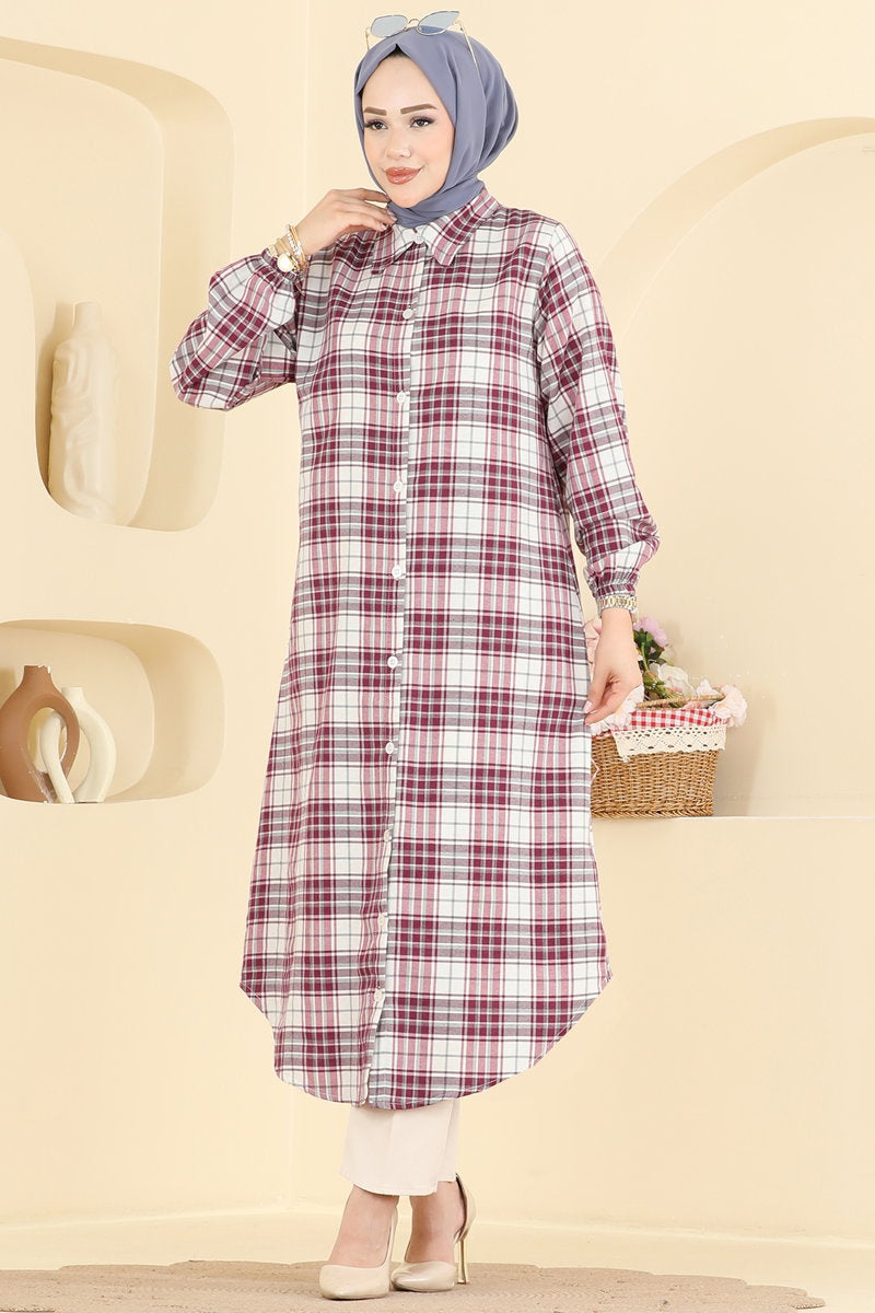 Long Check Tunic - Burgundy