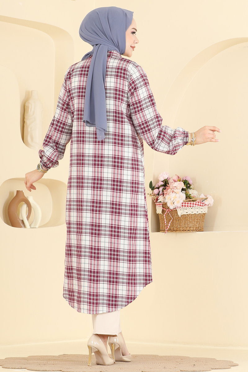 Long Check Tunic - Burgundy