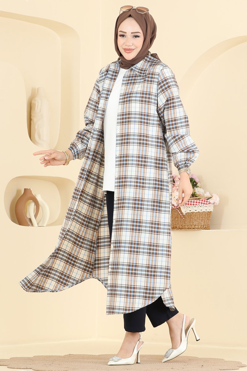 Long Check Tunic - Brown
