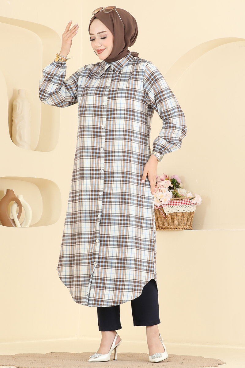 Long Check Tunic - Brown