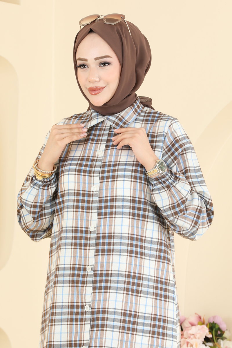 Long Check Tunic - Brown