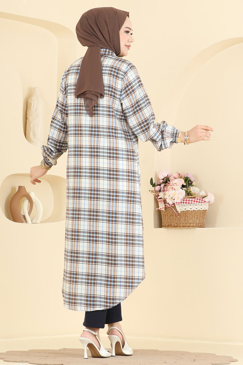 Long Check Tunic - Brown