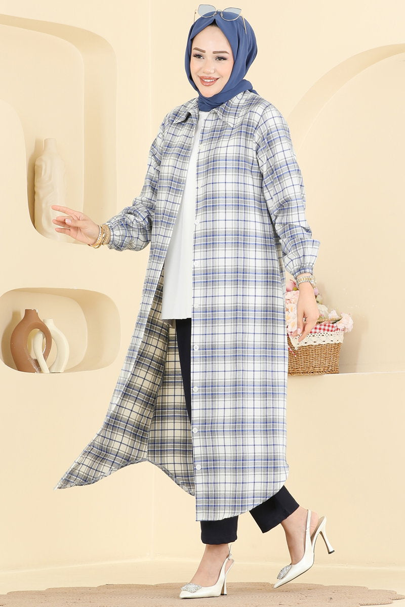 Long Check Tunic - Saxe Blue