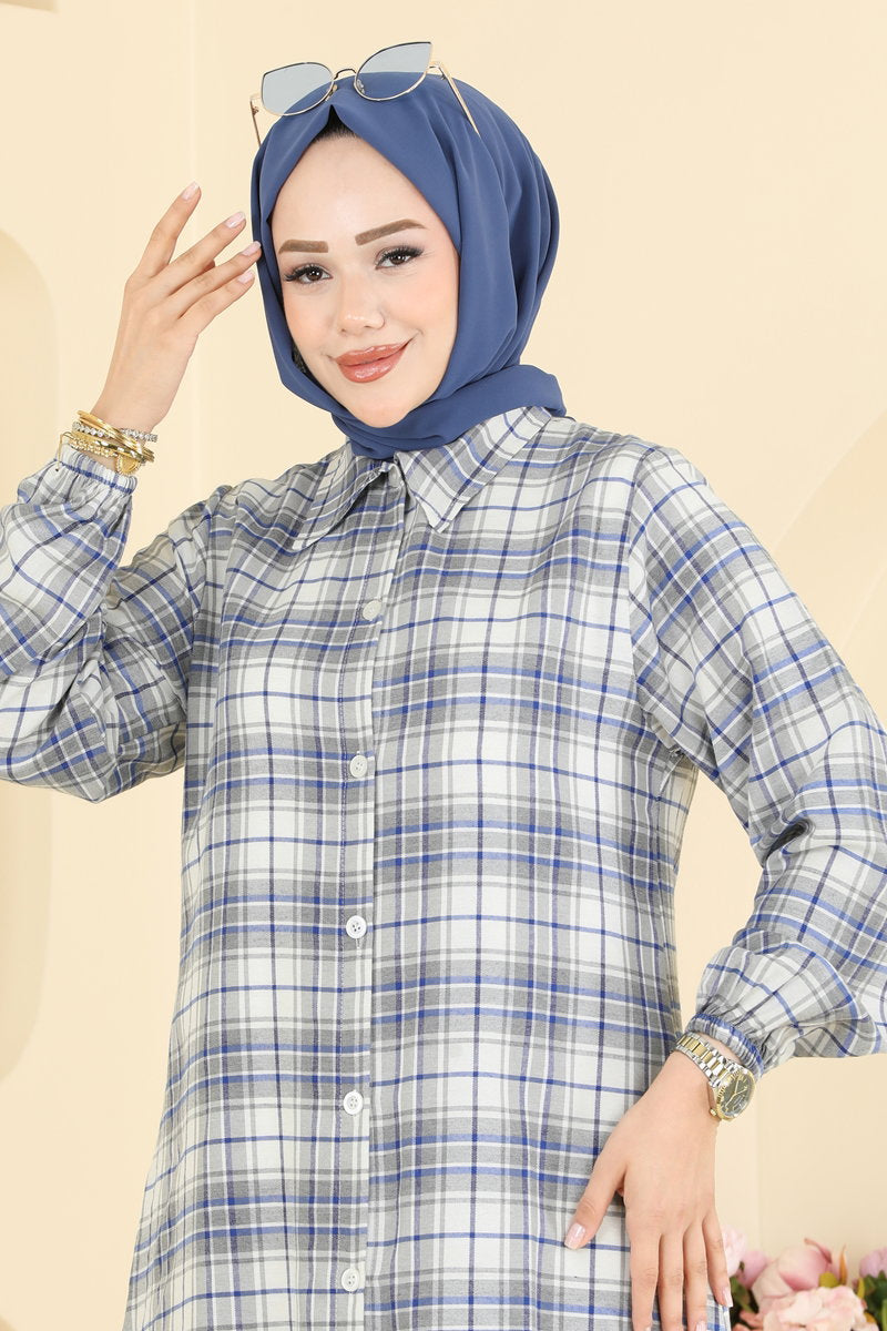 Long Check Tunic - Saxe Blue