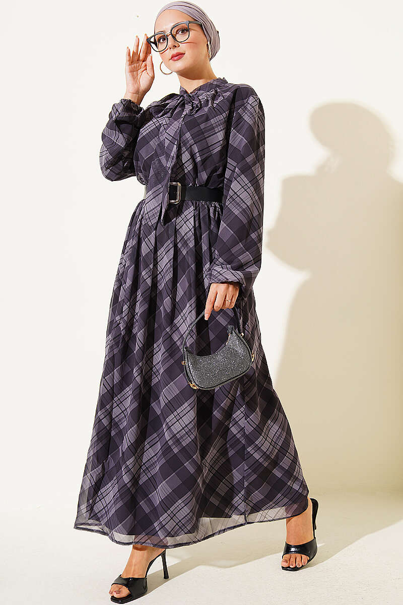 Belted Plaid Chiffon Dress - Smoke Grey