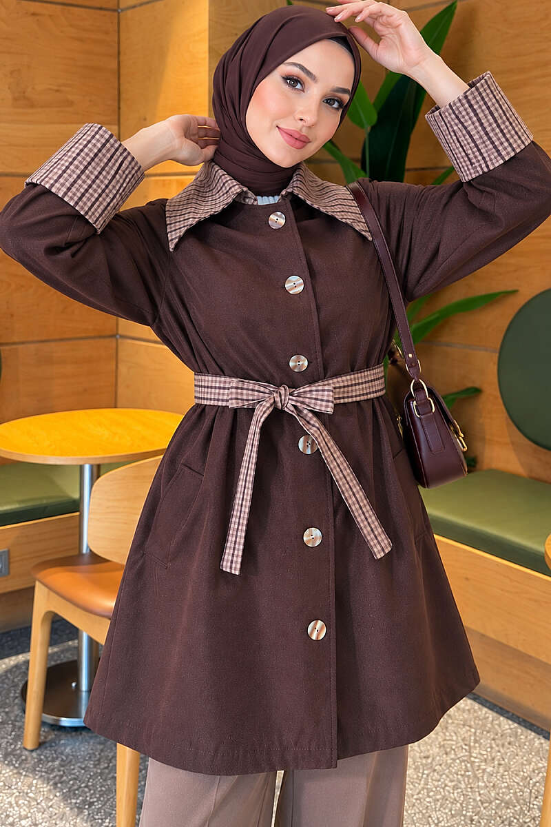 Mid-Length Trench Coat with Plaid Collar - Dark Brown