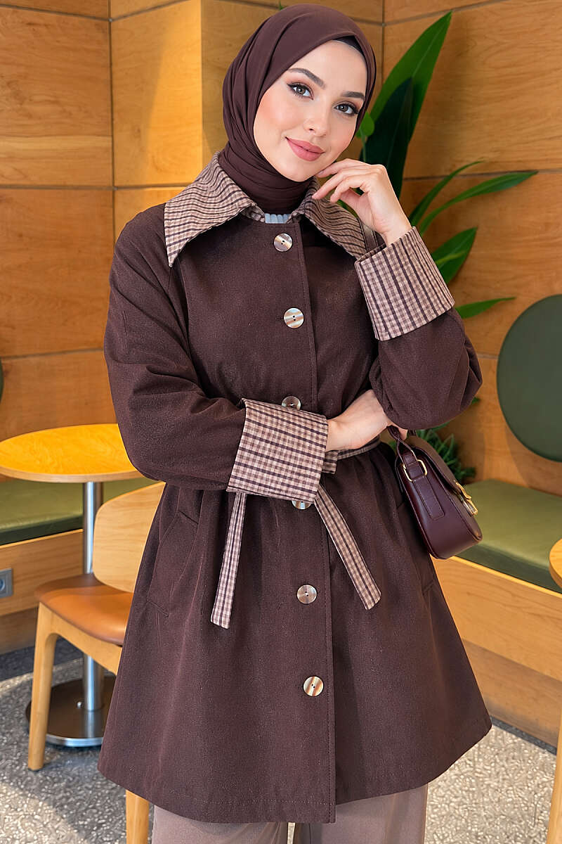 Mid-Length Trench Coat with Plaid Collar - Dark Brown