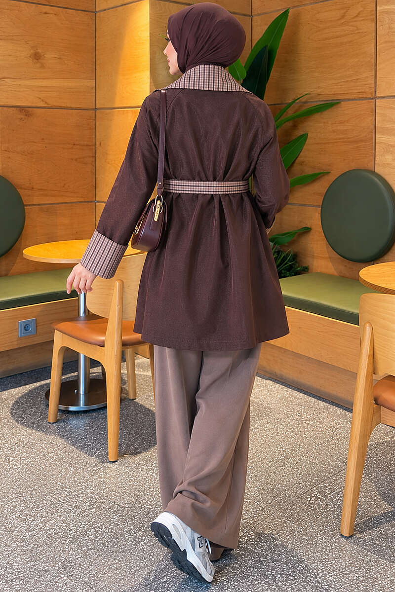 Mid-Length Trench Coat with Plaid Collar - Dark Brown