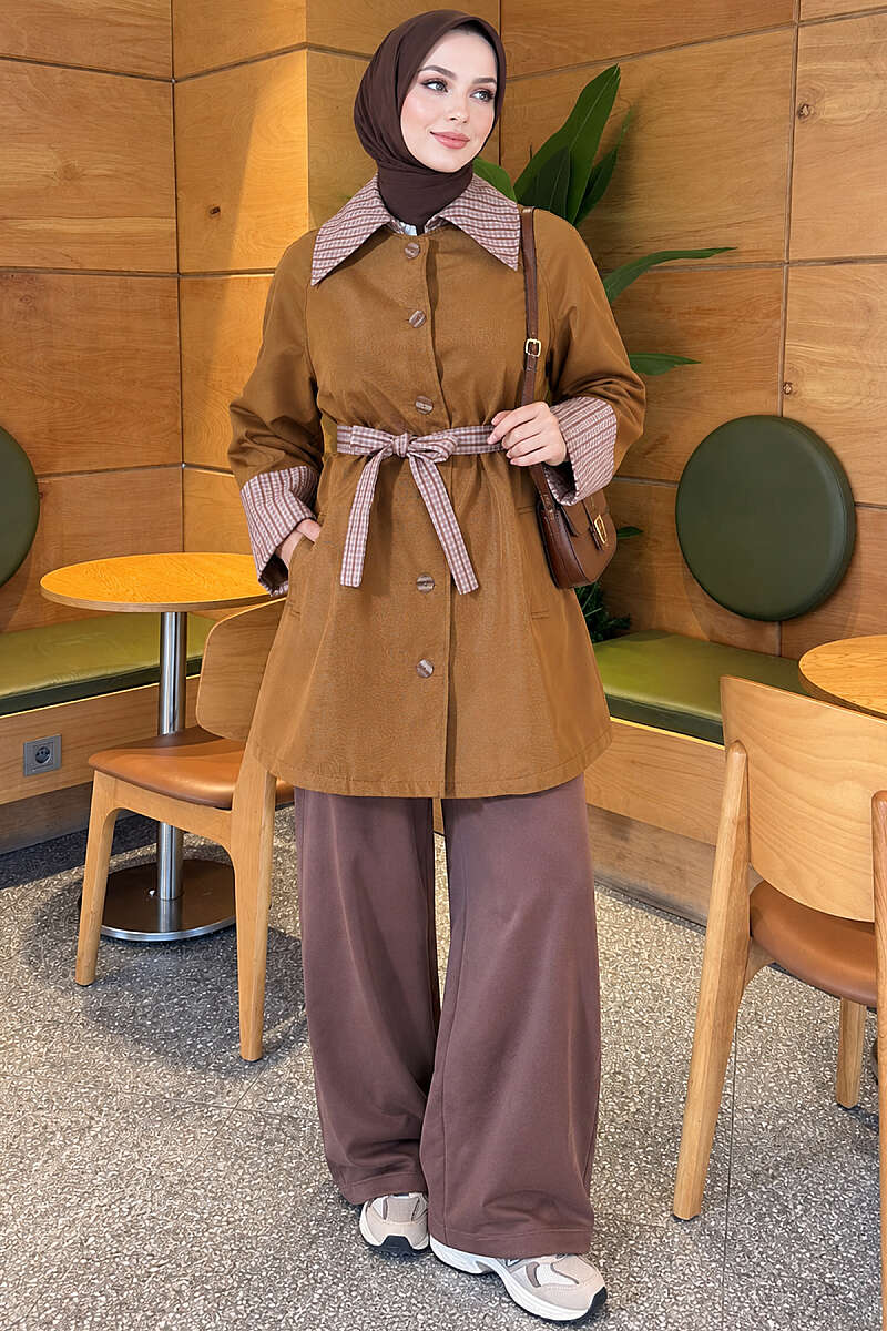 Mid-Length Trench Coat with Plaid Collar - Camel