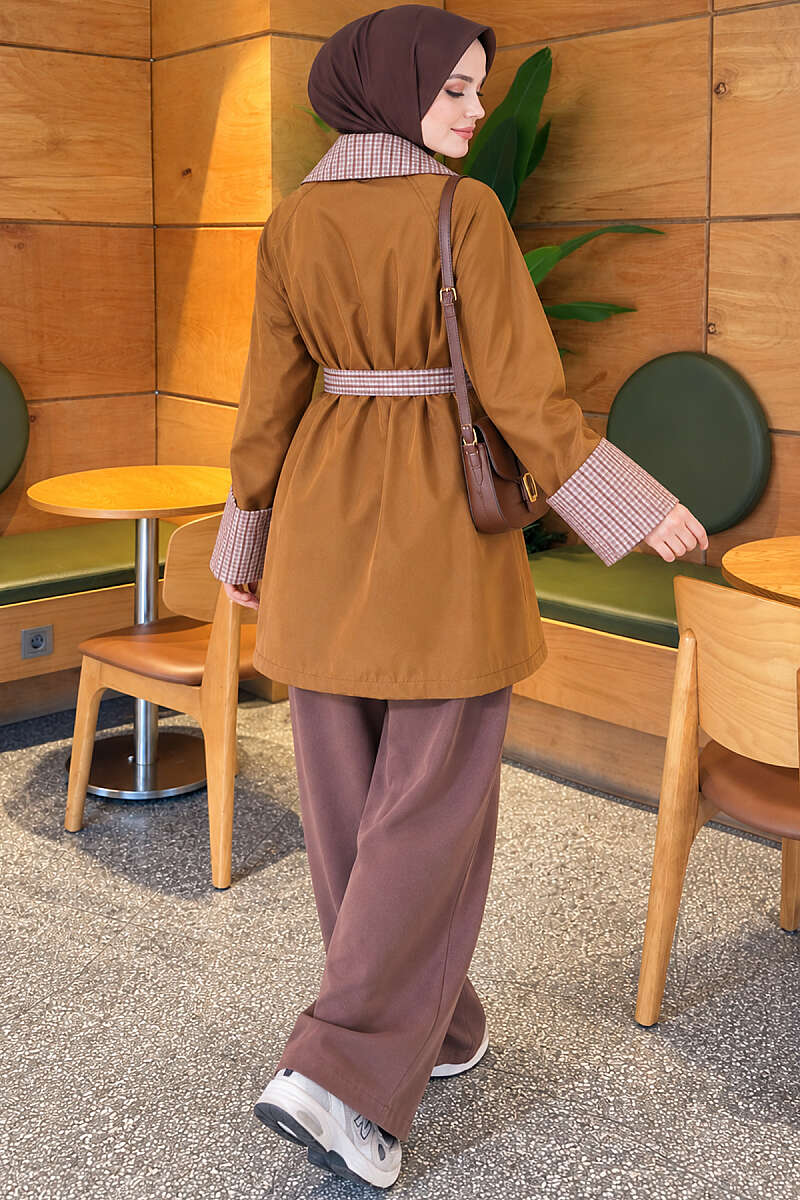 Mid-Length Trench Coat with Plaid Collar - Camel