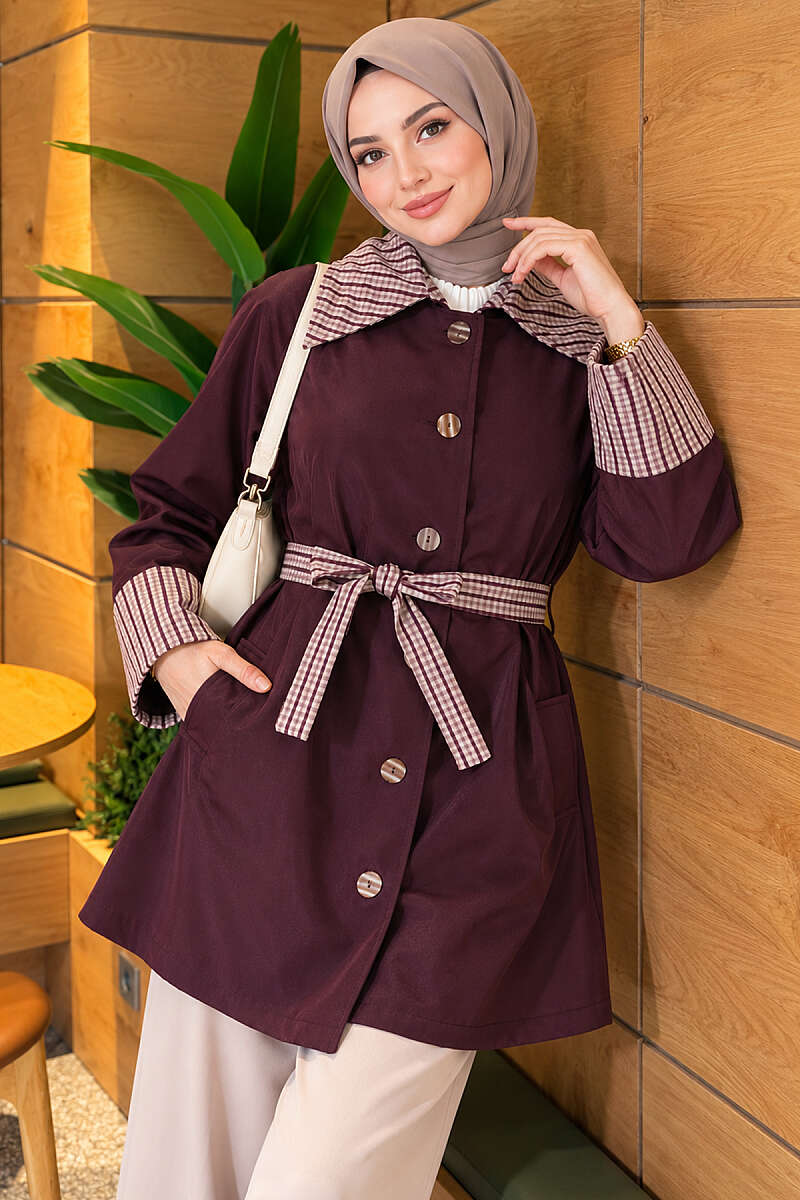 Mid-Length Trench Coat with Plaid Collar - Plum