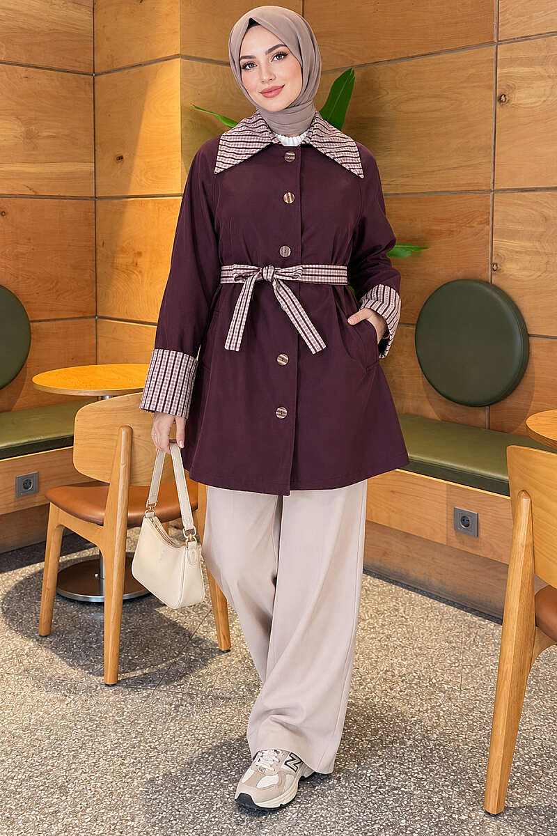 Mid-Length Trench Coat with Plaid Collar - Plum