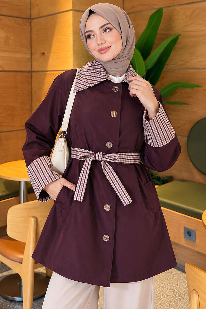 Mid-Length Trench Coat with Plaid Collar - Plum