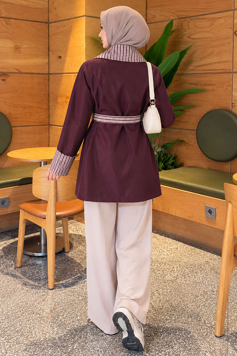 Mid-Length Trench Coat with Plaid Collar - Plum