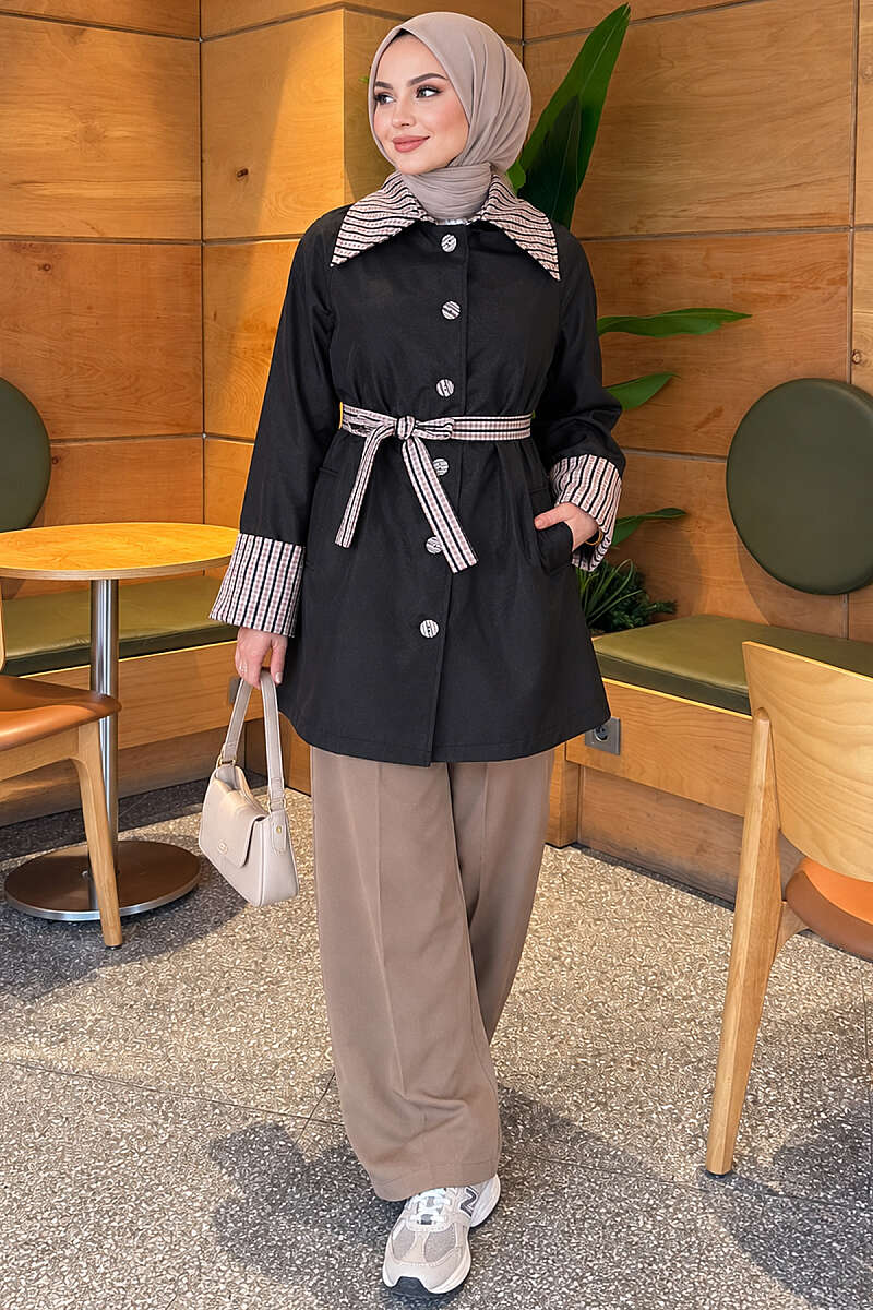 Mid-Length Trench Coat with Plaid Collar - Black
