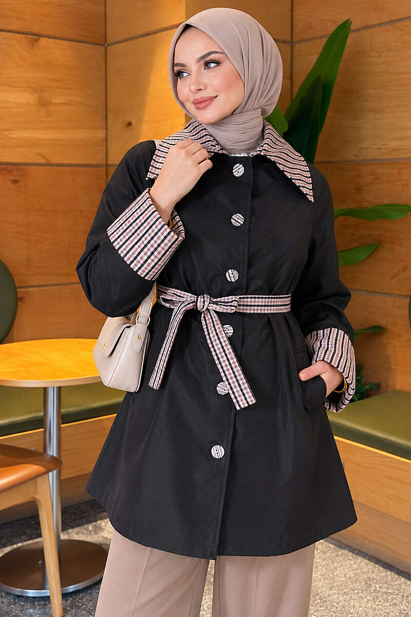 Mid-Length Trench Coat with Plaid Collar - Black