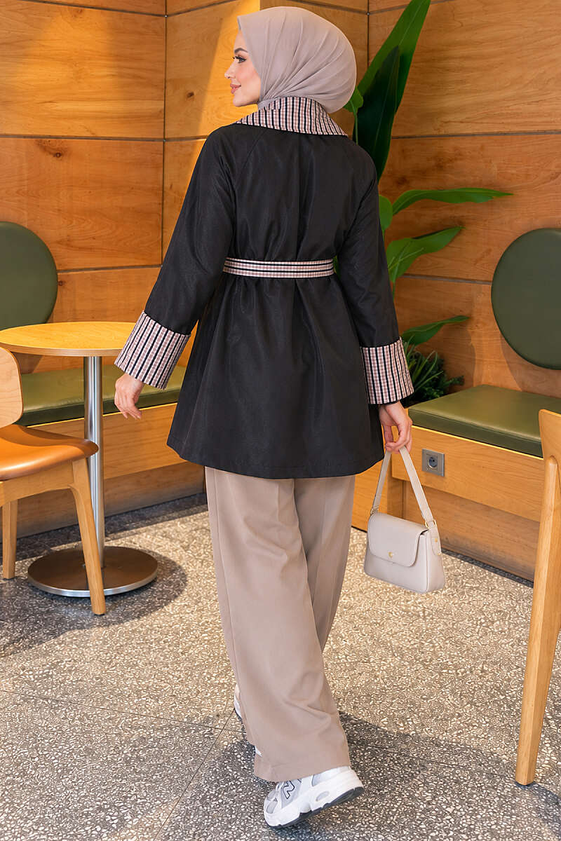 Mid-Length Trench Coat with Plaid Collar - Black