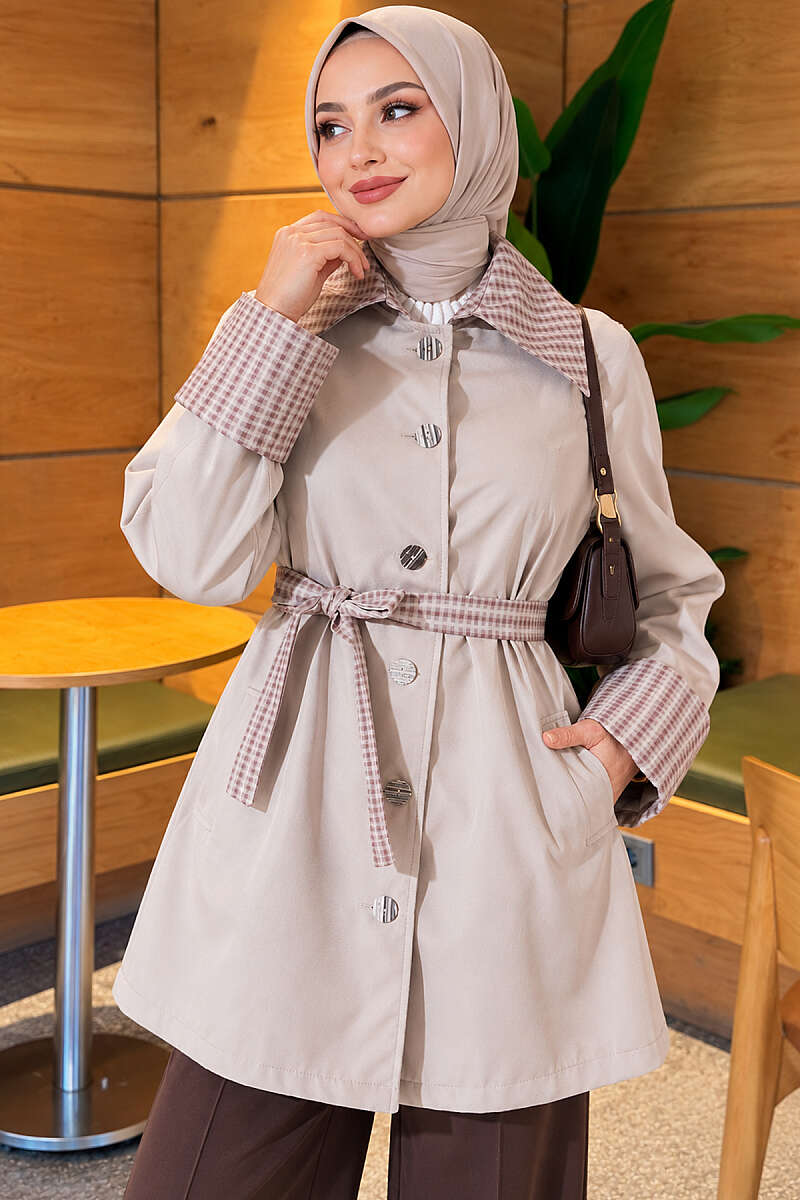Mid-Length Trench Coat with Plaid Collar - Stone