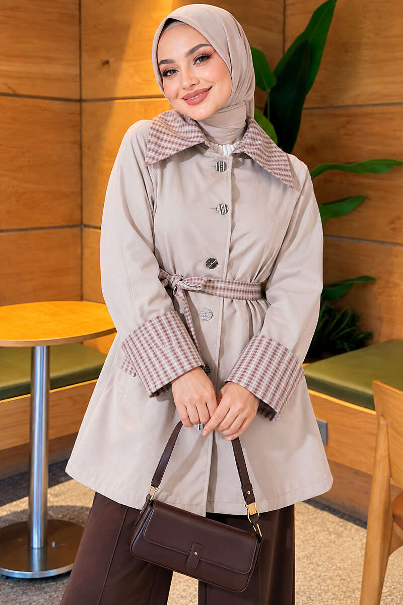 Mid-Length Trench Coat with Plaid Collar - Stone