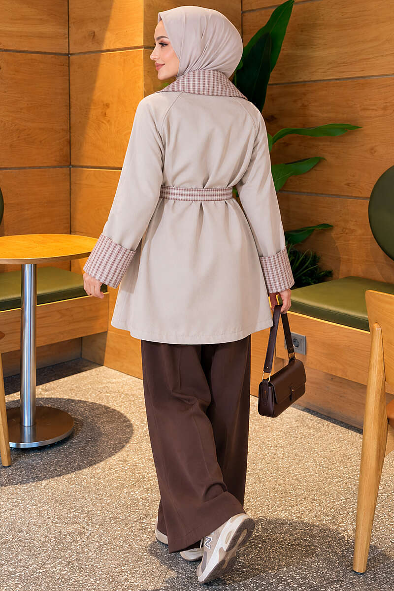 Mid-Length Trench Coat with Plaid Collar - Stone