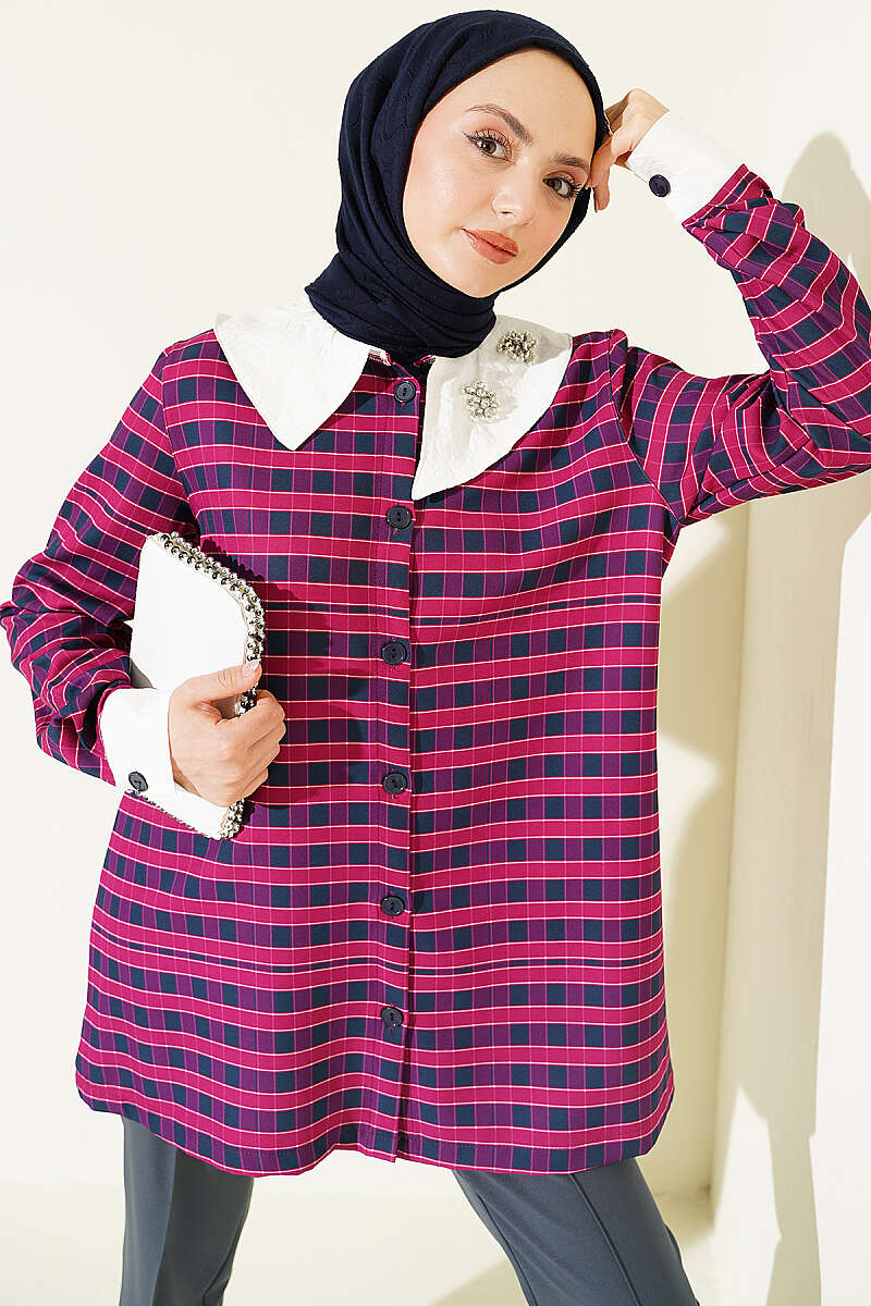 Plaid Shirt with Asymmetric Collar - Plum
