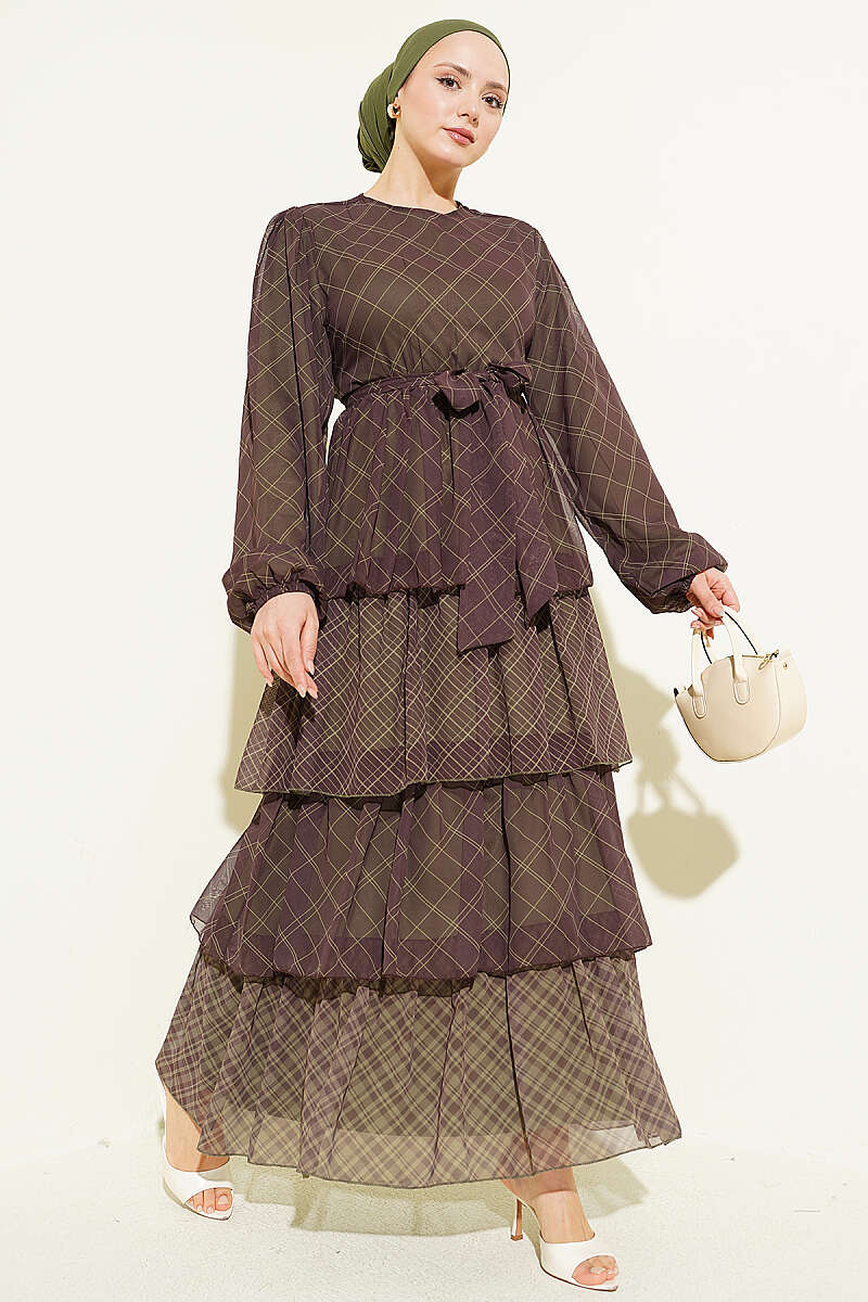 Tiered Plaid Dress with Elastic Waist - Khaki