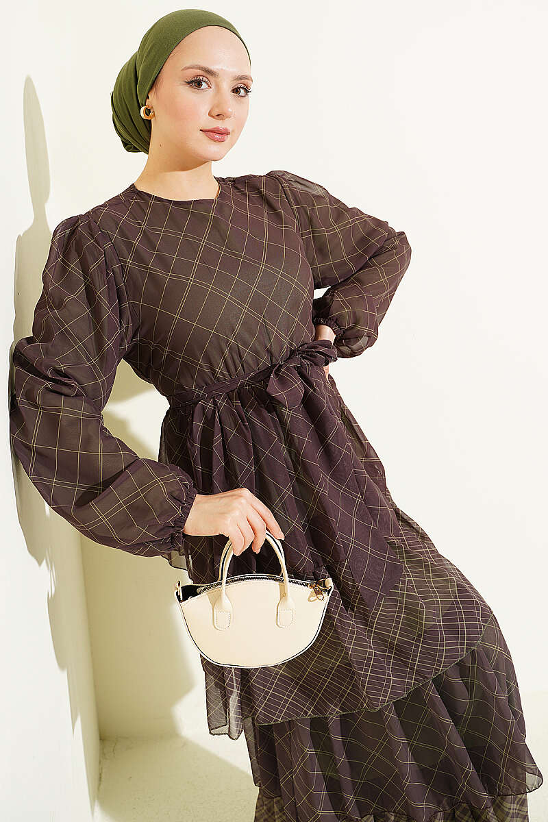 Tiered Plaid Dress with Elastic Waist - Khaki