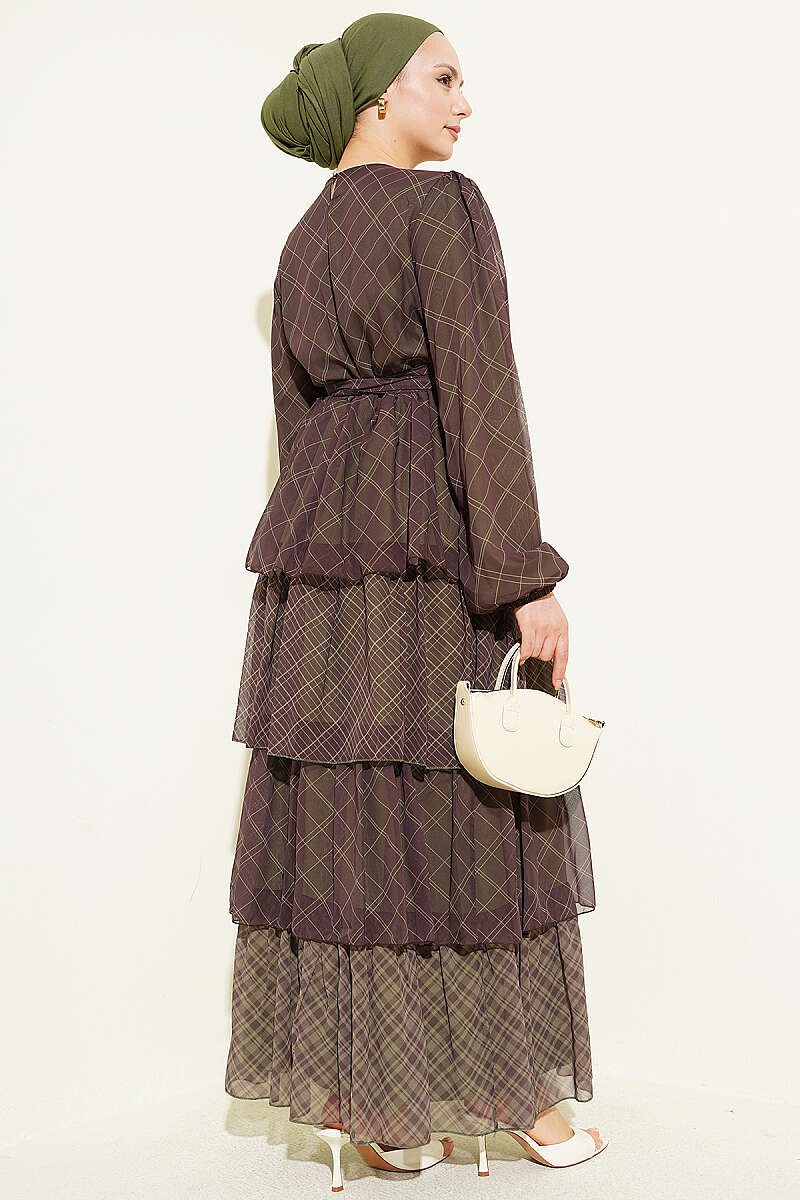 Tiered Plaid Dress with Elastic Waist - Khaki