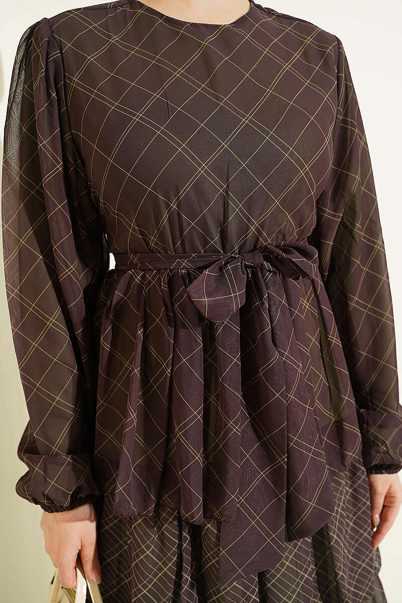 Tiered Plaid Dress with Elastic Waist - Khaki