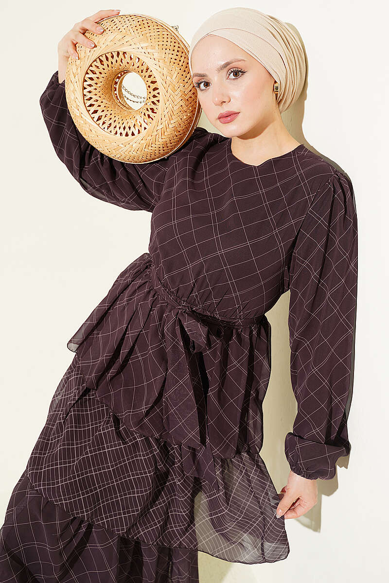 Tiered Plaid Dress with Elastic Waist - Brown