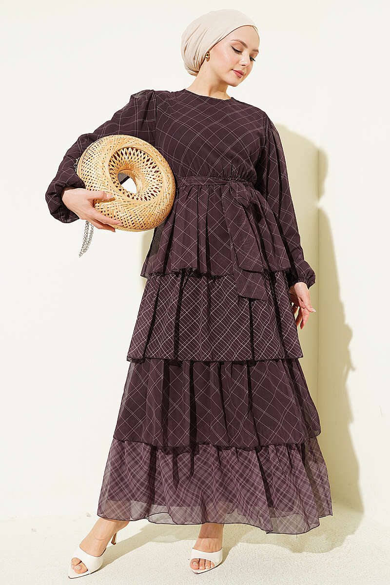 Tiered Plaid Dress with Elastic Waist - Brown