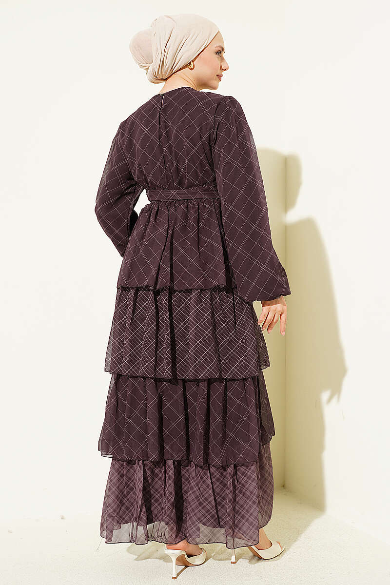 Tiered Plaid Dress with Elastic Waist - Brown