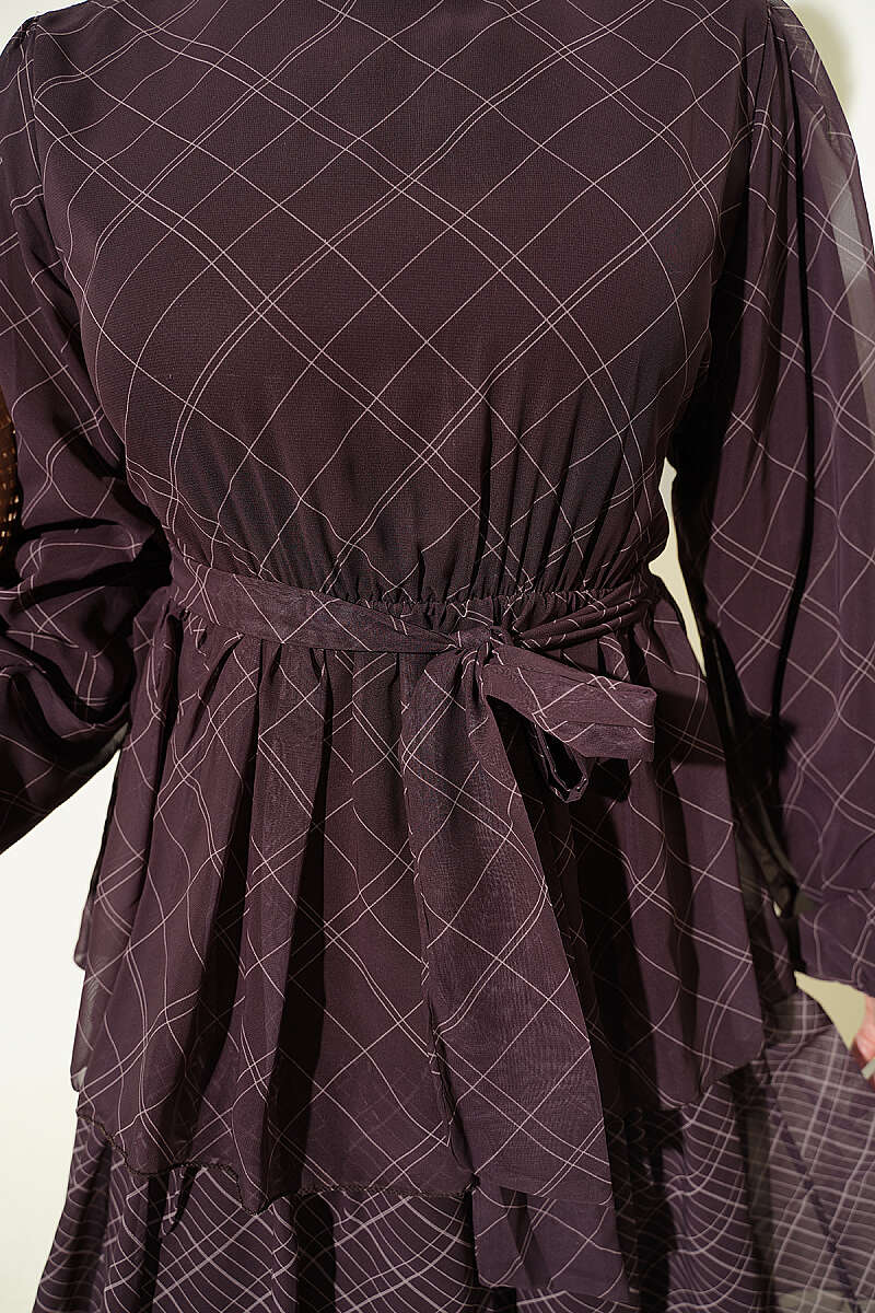 Tiered Plaid Dress with Elastic Waist - Brown