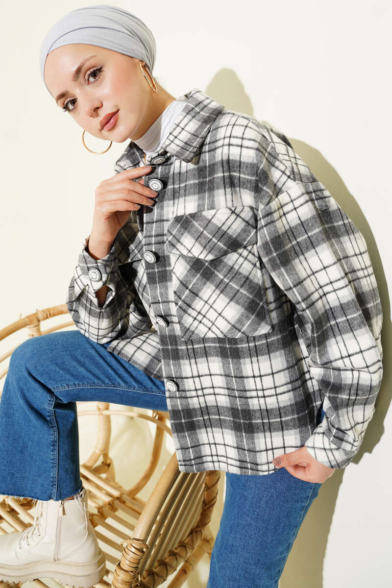 Plaid Felt Jacket with Pockets - Grey