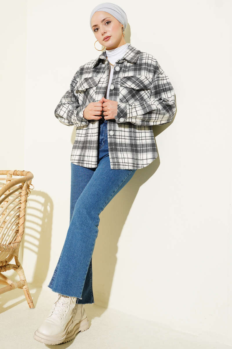 Plaid Felt Jacket with Pockets - Grey