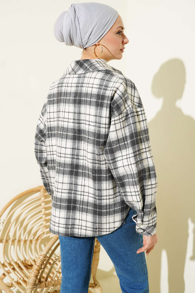 Plaid Felt Jacket with Pockets - Grey